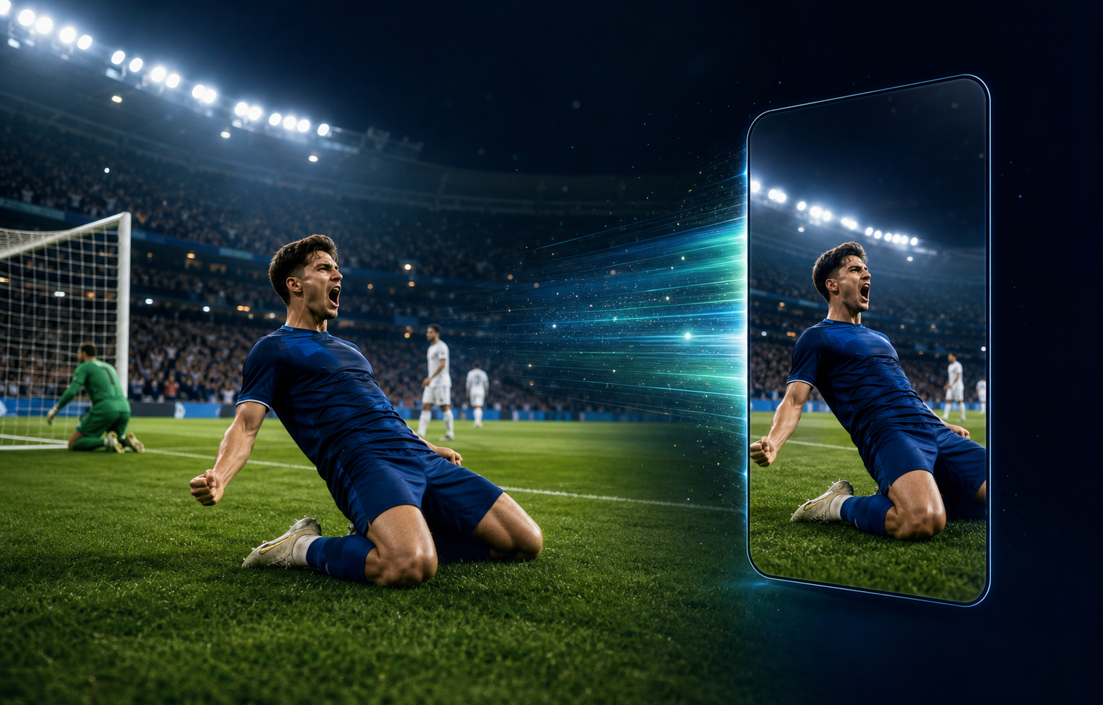 A football goal celebration transformed into a vertical social video clip